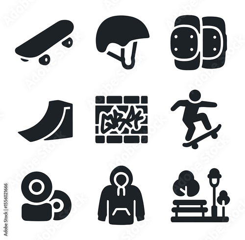 Skate Culture Icons. Solid, filled icons set of skate culture: skateboard, helmet, knee pads, ramp, graffiti