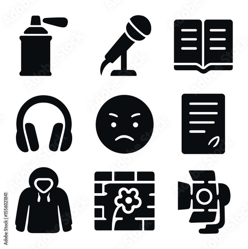 Urban Expression Icons. Solid, filled icons set of urban expression: graffiti can, spoken word mic, open