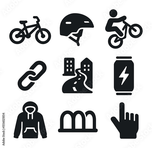 Bike Life Icons. Solid, filled icons set of bike life: BMX bike, helmet, trick icon, chain, city path, energy