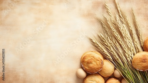 Golden Wheat and Bread Rolls Rustic Bakery Background