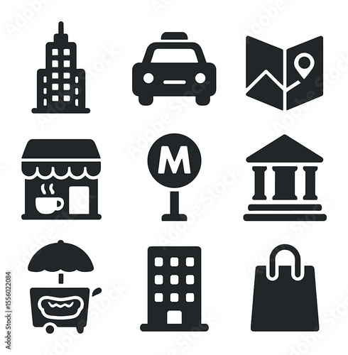 City Tourism Icons. Solid, filled icons set of city tourism: skyscraper, taxi, city map, coffee shop, metro