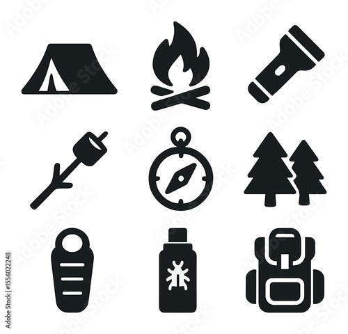 Camping Icons Set. Solid, filled icons set of camping trip: tent, campfire, flashlight, compass, marshmallow,