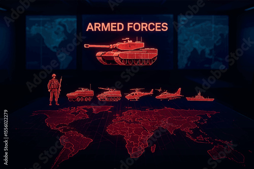 Futuristic war room scene with holographic displays of tanks, soldiers, aircraft, and naval vessels, showcasing strategic military operations and global conflict Military icon set