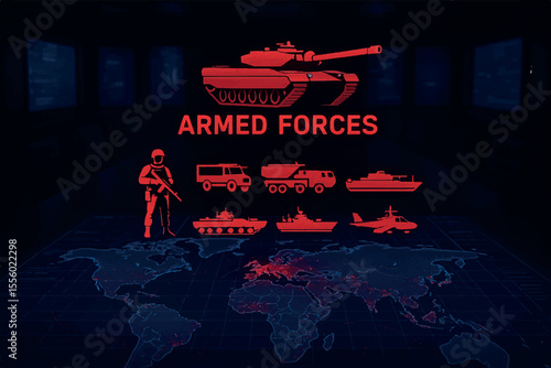 High tech strategic war room with red holographic projections of tanks, helicopters, and soldiers on a world map, symbolizing global military power and operations Military icon set