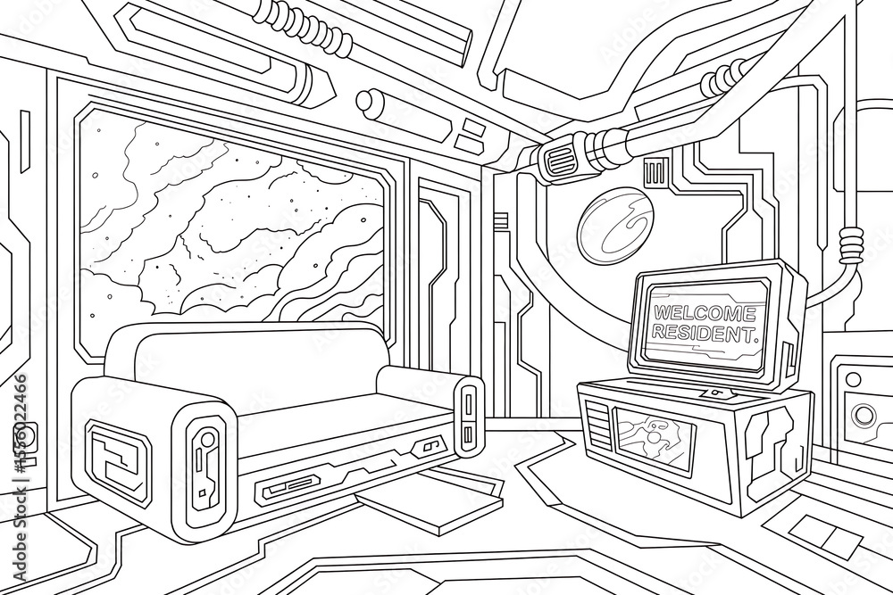 Fototapeta premium Futuristic living room, space station interior, sleek design. 