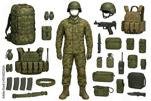 Illustration of modern military infantry gear including helmets, weapons, grenades, and accessories, showcasing the full range of combat readiness equipment Military icon set