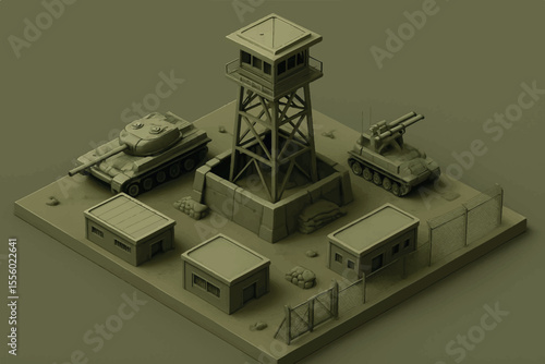 3D model of a military base featuring armored tanks, guard towers, and support buildings, capturing the essence of military fortification and security Military icon set