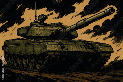Detailed illustration of a battle tank in motion, showcasing its power and military strength with dramatic shading and a vintage style graphic design Military icon set