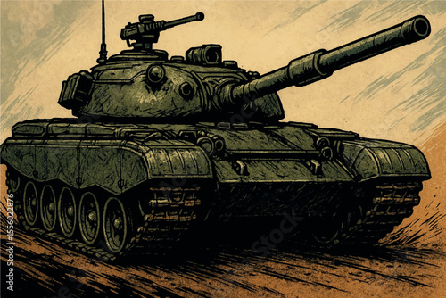 Dynamic artwork of a battle tank on the move, emphasizing its robust structure and military might, with dramatic colors and an action packed atmosphere Military icon set