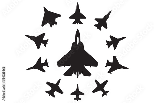 Black silhouettes of various fighter jets forming a circle, symbolizing military power, aviation, and technology in a modern design Military icon set
