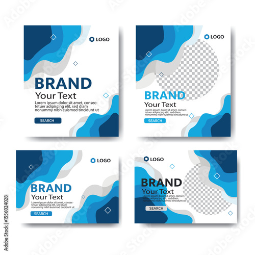 Modern abstract post templates with flowing blue shapes and photo placeholders, ideal for social media and brand promotion.