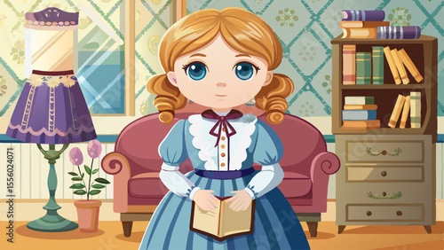 close up Wearing a historical dress with lace trim and boots, the American Girl doll stands proudly in a cozy parlor setting. Her expressive eyes reflect lamplight, and a mini book rests in her hand. 
