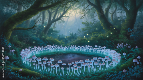 Mystical forest clearing, glowing mushrooms, tranquil pond.
