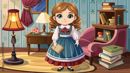 close up Wearing a historical dress with lace trim and boots, the American Girl doll stands proudly in a cozy parlor setting. Her expressive eyes reflect lamplight, and a mini book rests in her hand. 