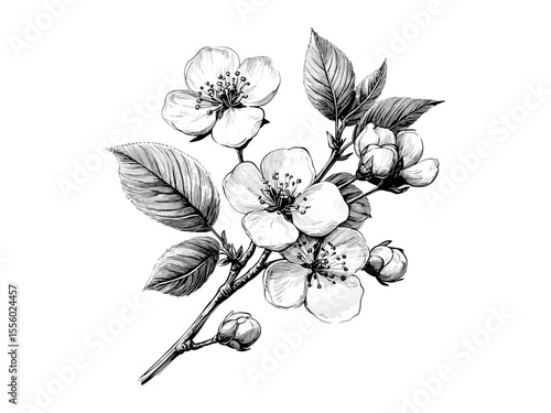 Vintage floral illustration, spring cherry blossom branch engraving, retro hand-drawn black sketch style, old engraving style, trendy garden decor, classic botanical art