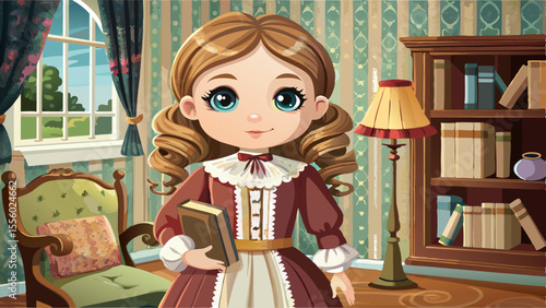 close up Wearing a historical dress with lace trim and boots, the American Girl doll stands proudly in a cozy parlor setting. Her expressive eyes reflect lamplight, and a mini book rests in her hand. 