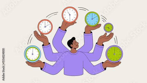 professional with multiple arms juggling clocks, vector illustration for time management, managing multiple priorities and work-life balance