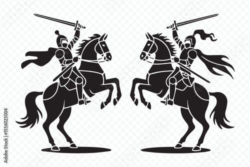 black and white silhouette of two knights on rearing horses vector art
