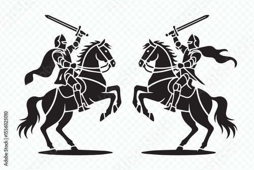 dual medieval knights in battle stance on horses vector graphic