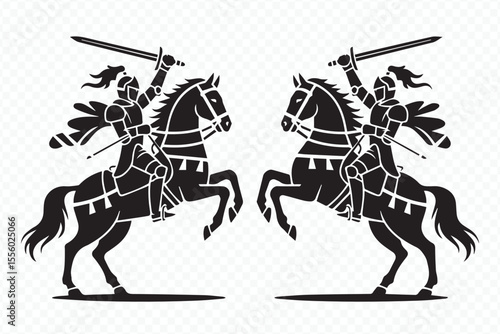 medieval horsemen wielding swords in silhouette vector design