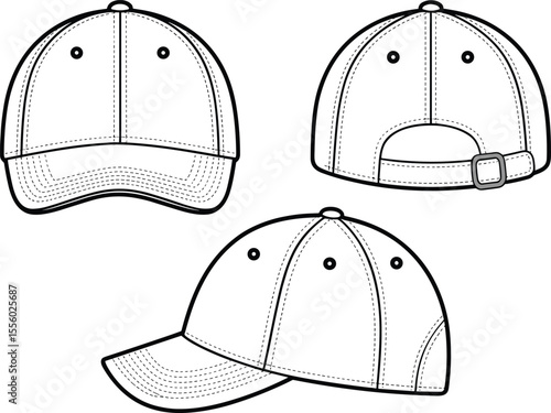  Set of Blank Baseball Cap Technical Flat Fashion Sketch, Adjustable Headwear Apparel Template for Custom Design