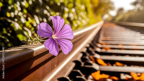 Vibrant Purple Railway Creeper Flower on Rustic Wooden Tracks in Golden Sunlight