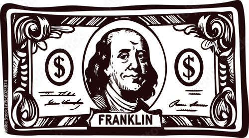 Hand drawn vintage illustration of a one hundred dollar bill with benjamin franklin isolated on white background