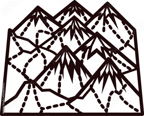 Outlined mountain range with dotted hiking trails, minimalist black linear isolated on white background illustration