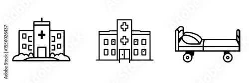 Set of black hospital icons showcasing a medical facility, building entrance and a hospital bed for healthcare representation