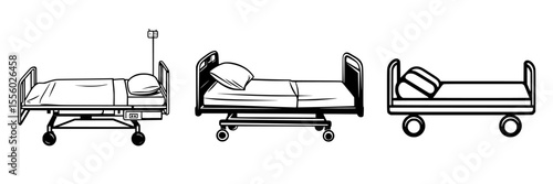Set of black icons depicting different hospital beds in a minimalist style