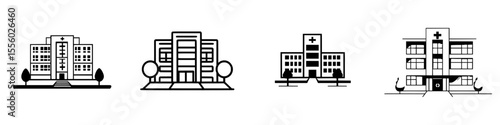 Black icons representing various styles of hospital buildings designed for health services and medical care facilities