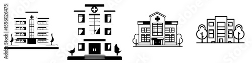 Black icons representing various types of healthcare buildings designed in a minimalist style