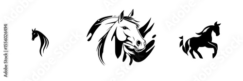 Black horse icons showcasing various styles of equine silhouettes and designs for artistic and branding purposes