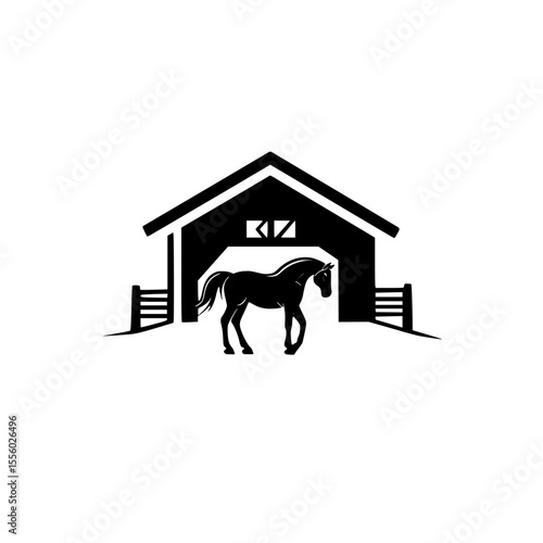 Black icon of a horse standing in front of a barn with fences during daylight