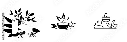 Elegant black icons representing wellness, relaxation, and tranquility with candles, leaves, and spa elements for holistic design projects