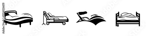 Set of black icons depicting various types of beds and mattresses for design and health applications