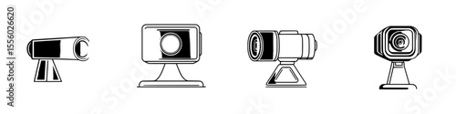 Set of black icons depicting different types of cameras for various uses in photography and videography