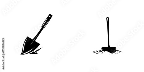 Set of black icons featuring a shovel in motion, depicting digging and ground movement tasks related to gardening and construction activities