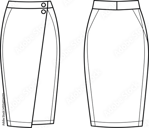 Elegant Women's Pencil Skirt Flat Fashion Sketch, Asymmetrical Overlap Apparel Design Template with Button Detail