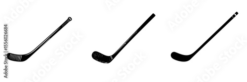 Different styles of black hockey sticks displayed on a white background showcasing diverse designs and features for sports enthusiasts