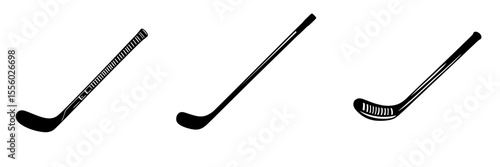 Set of black hockey sticks in various designs showing grips and blade styles for sports enthusiasts