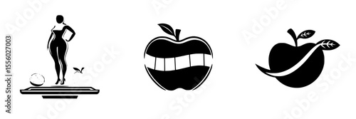 Black icons representing various themes with a silhouette, smiling apple, and stylized fruit design from different perspectives