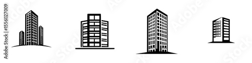 Black icon set featuring various building designs and shapes at different scales suitable for modern graphic applications
