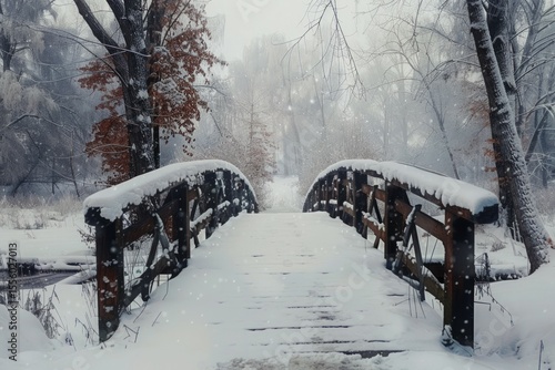 Wallpaper Mural Wooden bridge covered with snow over a river stream. Neural network ai generated Torontodigital.ca