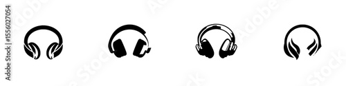 Set of four black headphone icons showcasing different styles and designs for various audio experiences