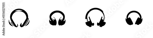 Black icon set showcasing various headphone designs with different styles and shapes