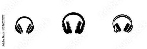 Black set of headphone icons in various styles on a clean background representing music and sound technology