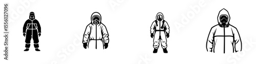 Collection of black icon designs featuring individuals in protective suits against a plain background