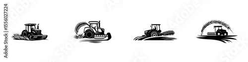 Set of black icons depicting agricultural tractors engaged in fieldwork during harvest season