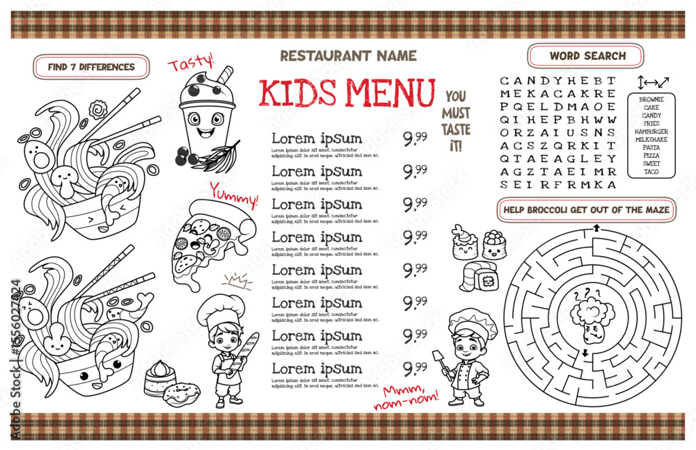 Obraz premium Template kids menu for restaurants. Placemat with interesting tasks for children. 17x11 inch printable vector file